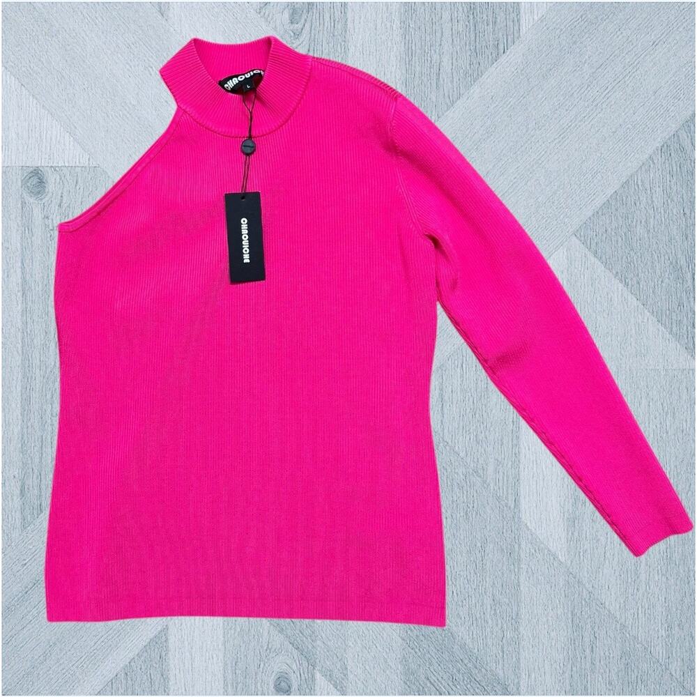 Chaouiche Top Women's Large Pink One Sleeve Ponte Ribbed Knit Mock Neck Shirt